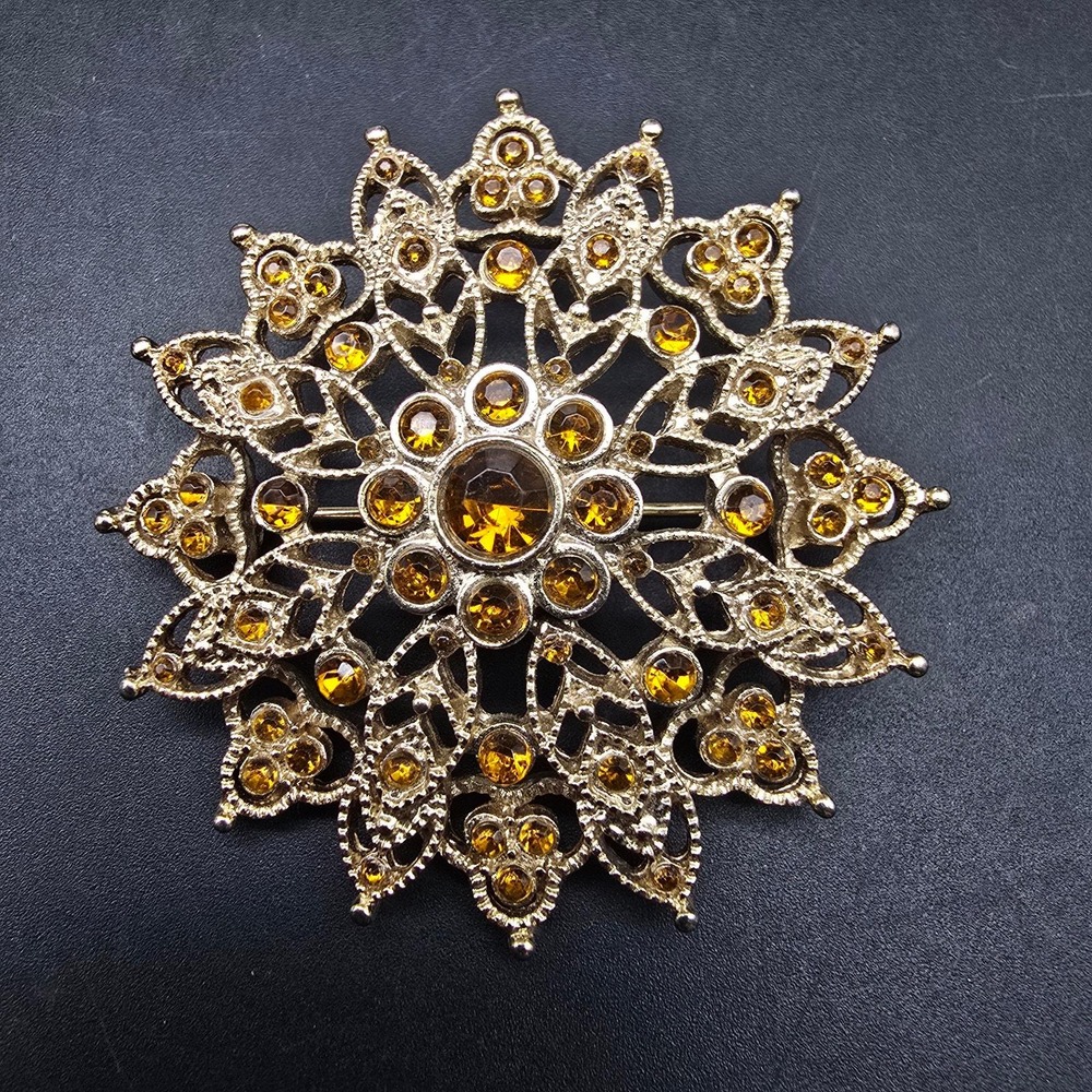 Amber Rhinestone Starburst Brooch Gold Tone Statement Jewelry